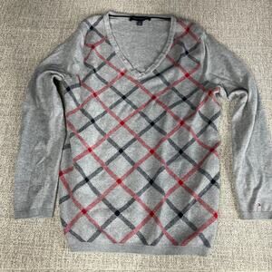 Tommy Hilfiger Women’s Cotton V-Neck Sweater Plaid Gray Red Blue Large